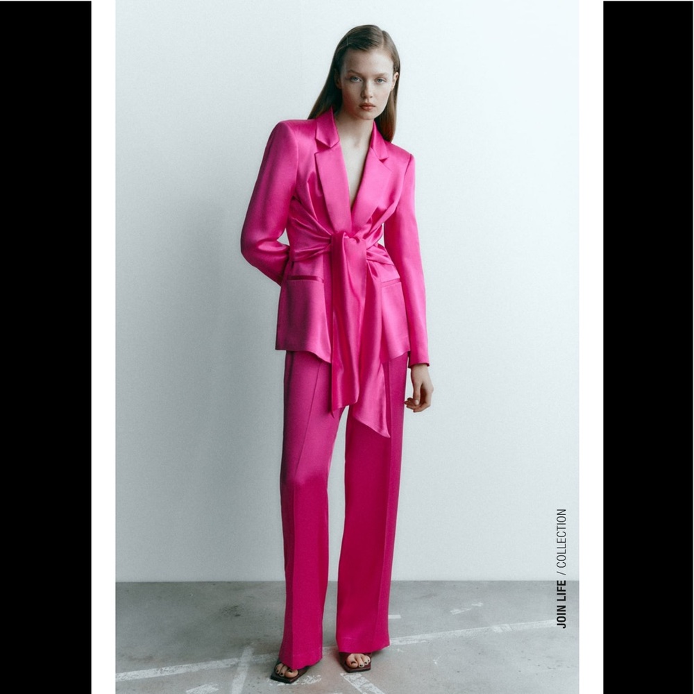 ZARA 2 Piece Satin Blazer And wide Leg Pants Fuchsia